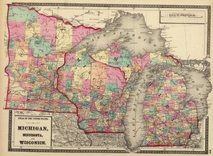 1872年、ミネソタ州、ウィスコンシン州、ミシガン州の地図